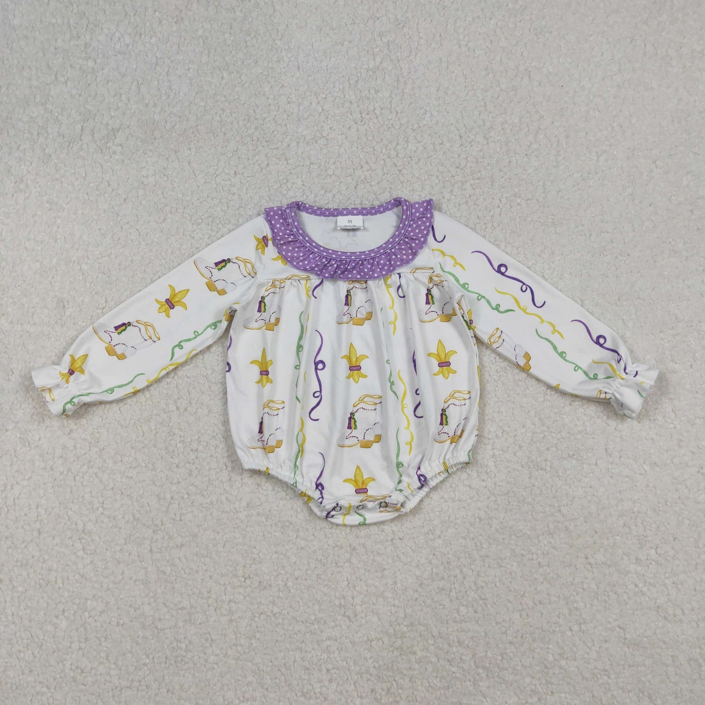 RTS NO MOQ(In Stock) LR2042 Carnival Ribbon Boots with Polka Dots and Purple Lace Long-Sleeved White Bodysuit