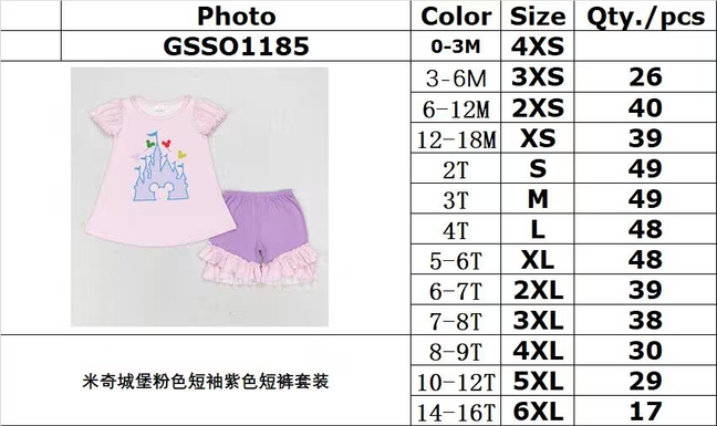 RTS no moq GSSO1185 Mickey Dream pink short-sleeve purple shorts set