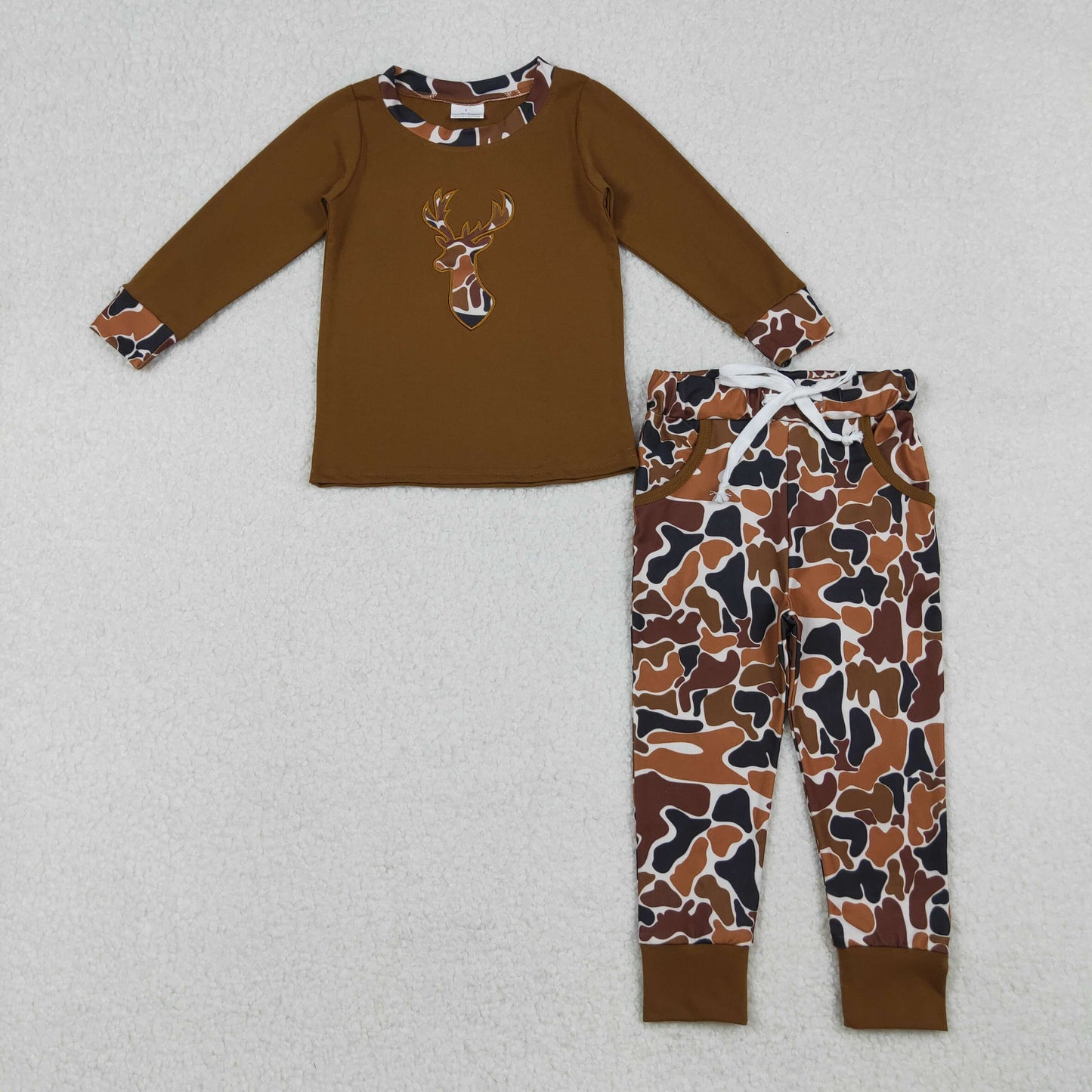 RTS NO MOQ(In Stock) BLP1078 Brown long-sleeved pantsuit with an embroidered elk pattern