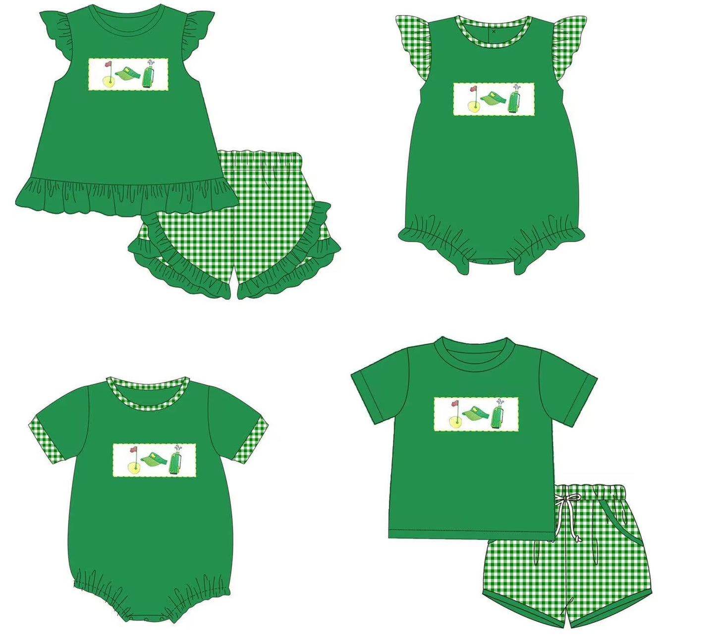 Custom moq 8 mix size eta 6-8weeks baby girl clothes green short sleeve shorts set 2 and rompers 2-25.9.11