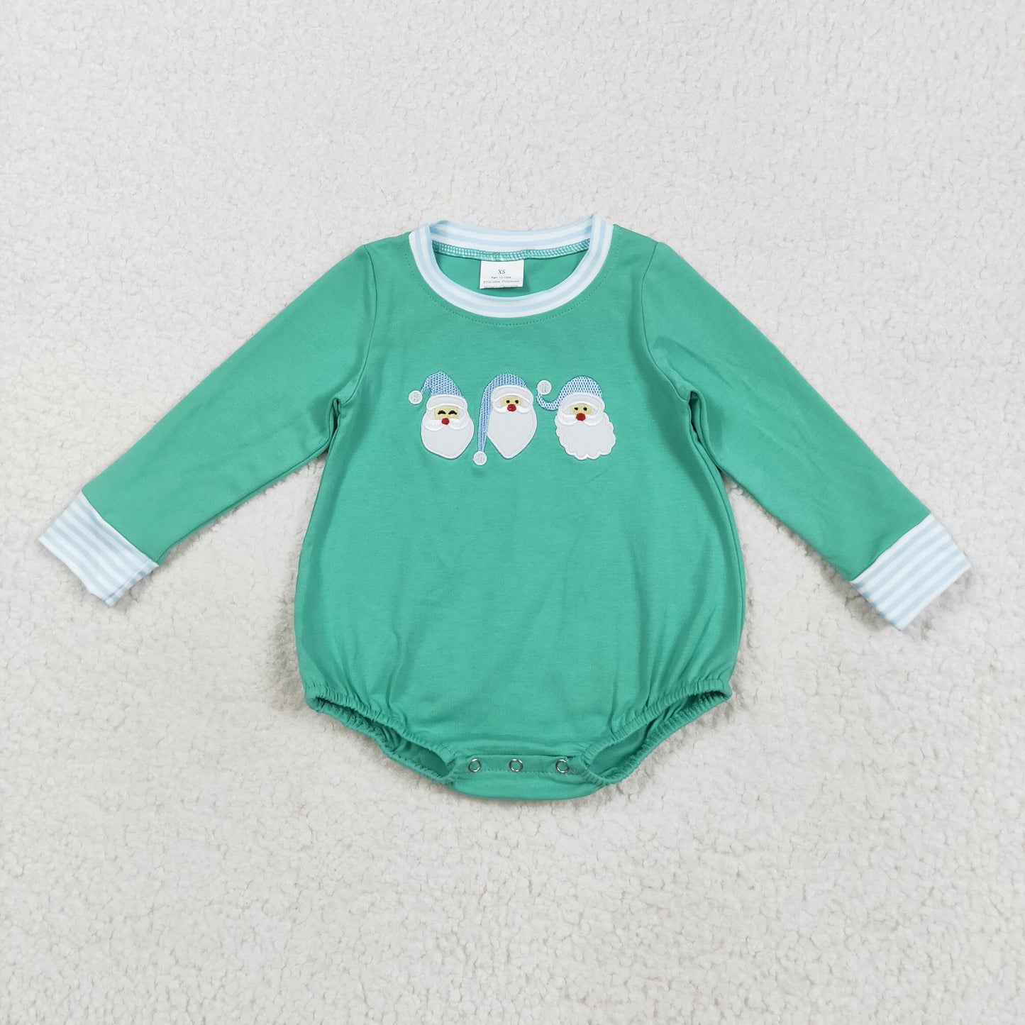 RTS NO MOQ(In Stock) LR2412 Embroidery Santa Claus blue striped green long-sleeved jumpsuit