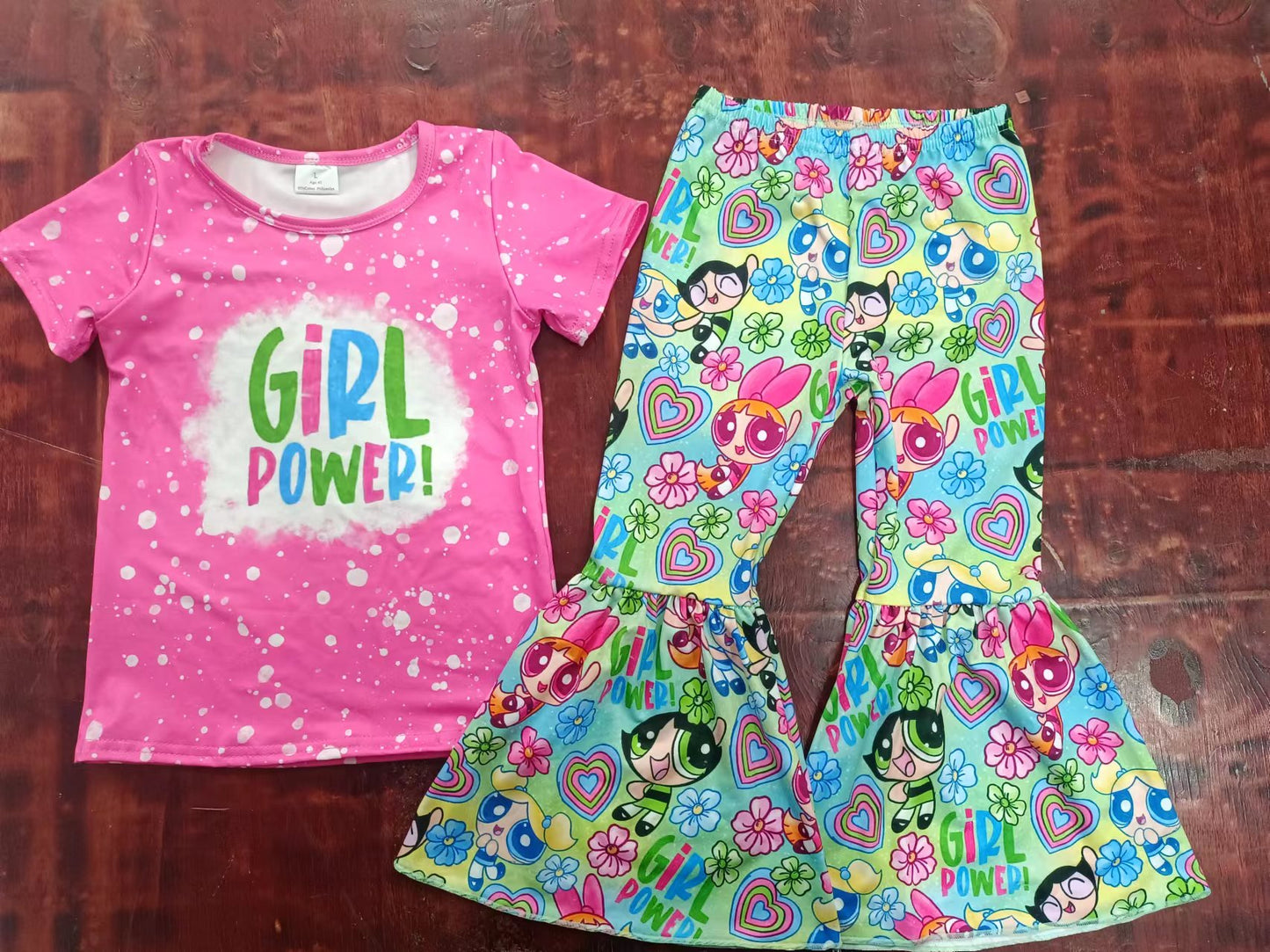 custom moq 5 Girls POWER pink Short Sleeve pants Suit