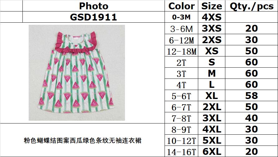 RTS NO MOQ ETA 5/7days Arrived GSD1911 Pink bow pattern watermelon green striped sleeveless dress