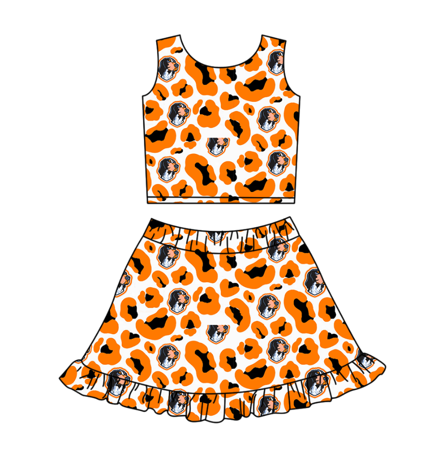 Custom moq 5 mix size milk silk summer teams baby girl clothes camouflage orange sleeveless skirts set