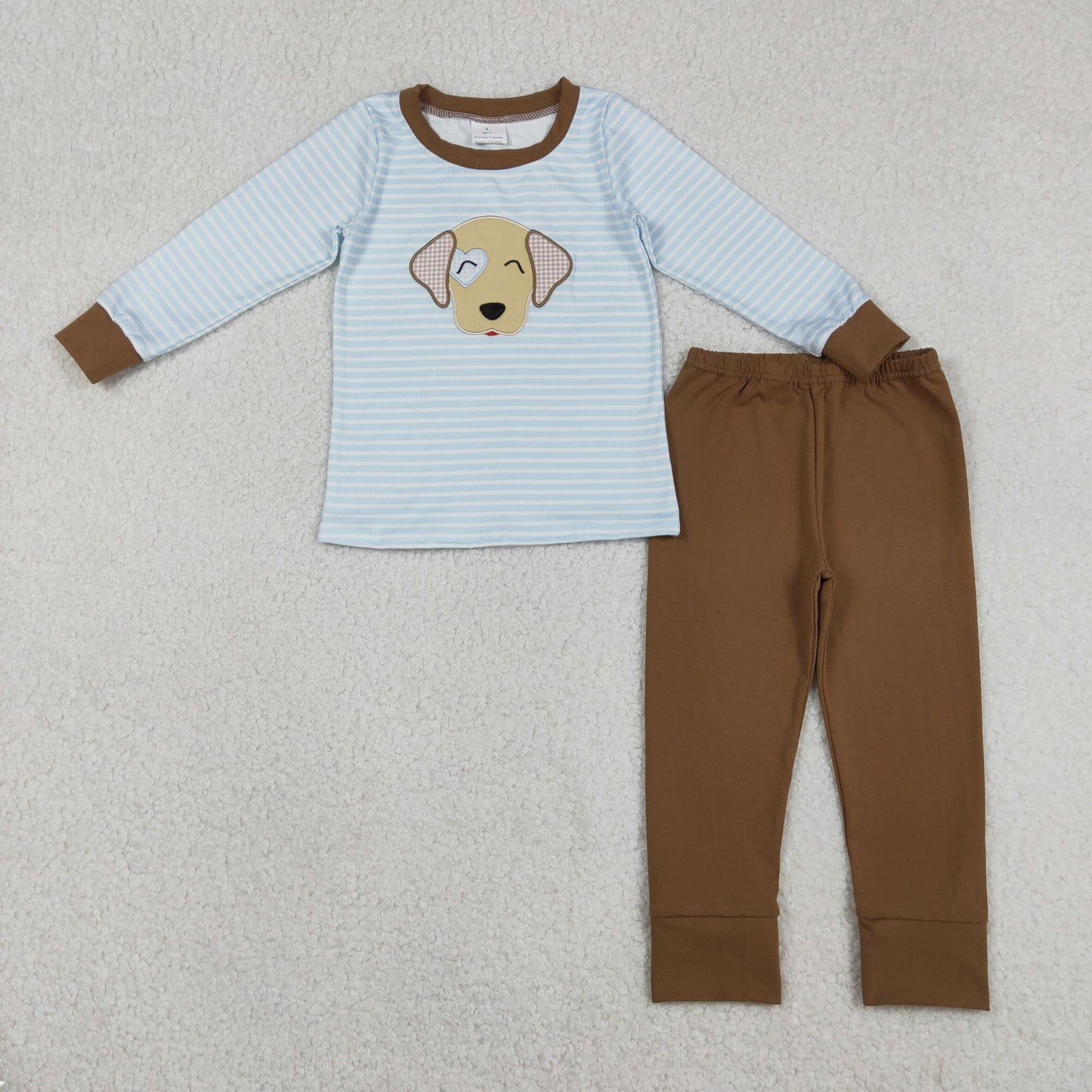 RTS NO MOQ(In Stock) Embroidered Heart Puppy Blue Striped Long-Sleeve Brown Pants Set