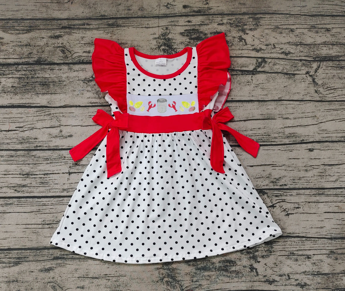 GSD0622 Corn crayfish red lace bow polka dot white flying sleeve dress