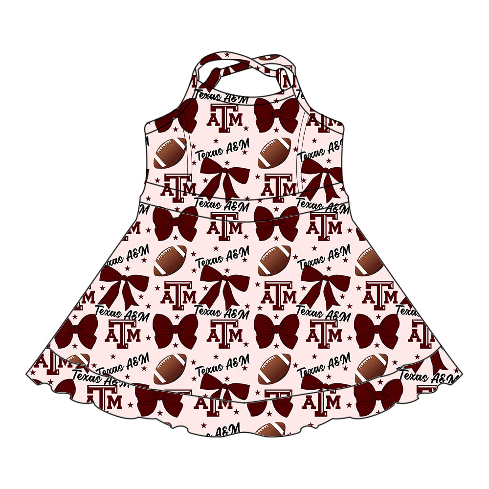 Custom moq 5 mix sizes summer teams baby girls clothes team baseball bow brick red sleeveless dress-25.6.14