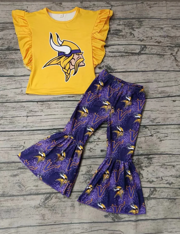 Deadline September 23 custom no moq eta 6-8weeks Horned Old Man Yellow Flying Sleeve Top-Purple Flared Pants Set