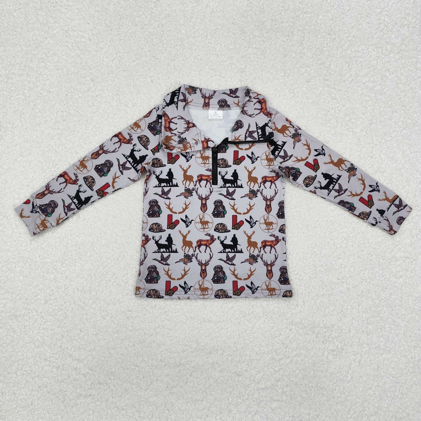 RTS NO MOQ(In Stock) Moose Puppy Hunting Grey Zipper Long Sleeve Top