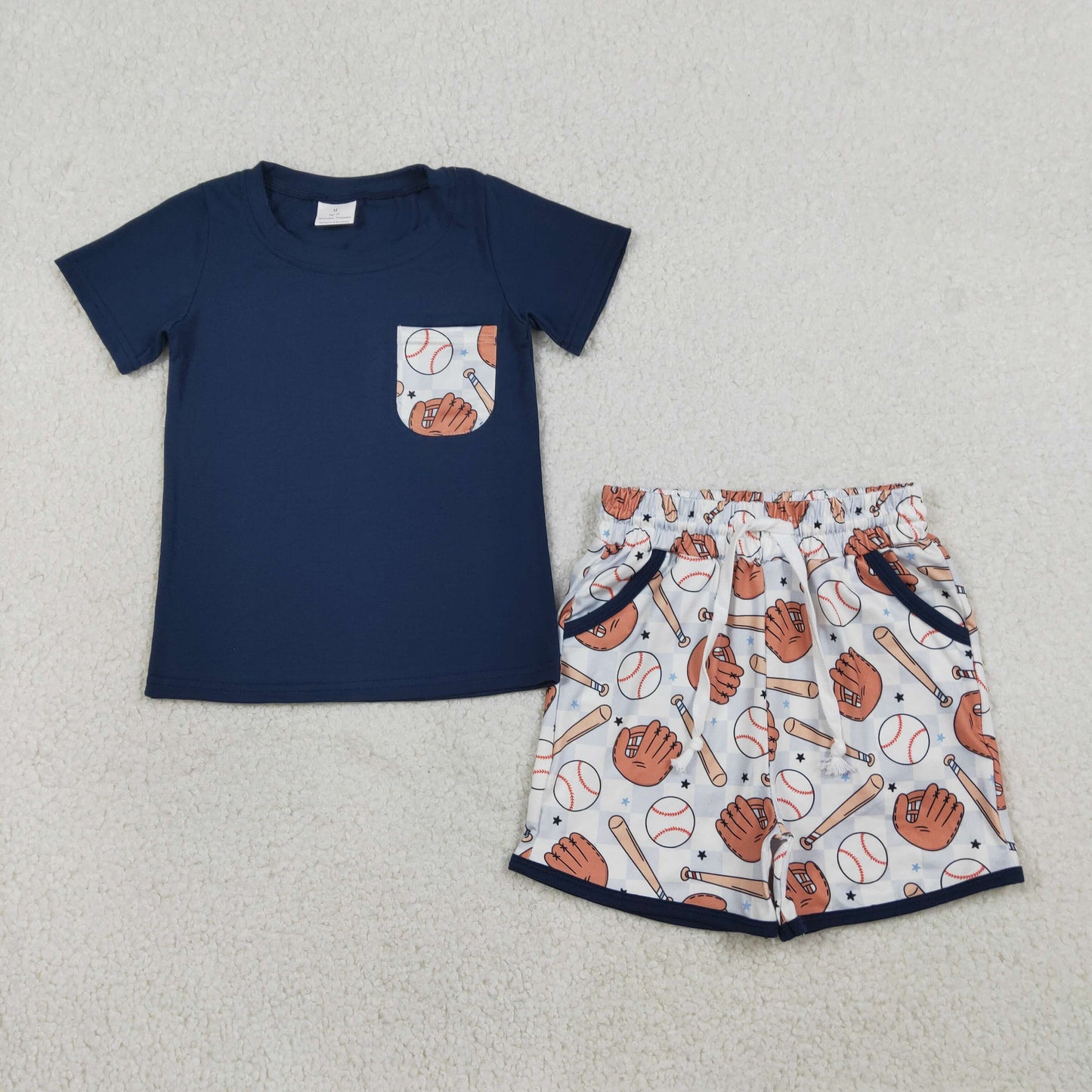 RTS NO MOQ(In Stock) BSSO1669 Baseball Glove Pocket Navy Blue Short-Sleeved Plaid Shorts Set