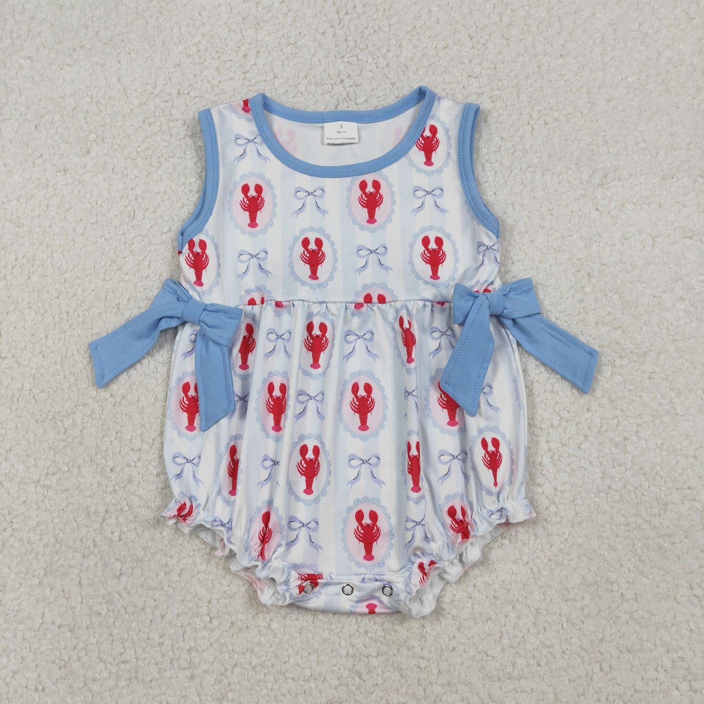 RTS NO MOQ(In Stock ) SR3828 Lobster Blue Bow Pattern Vertical Striped Vest Jumpsuit