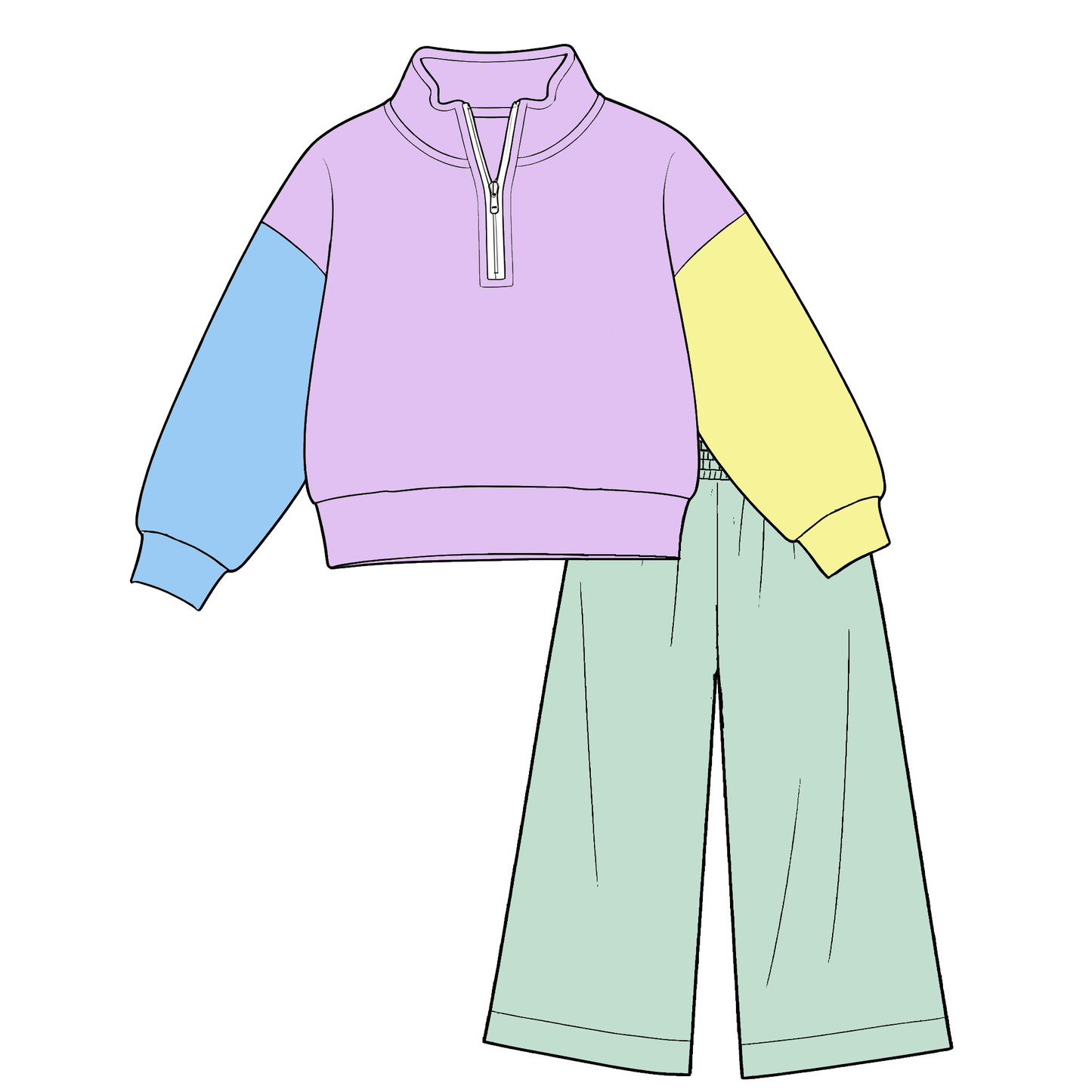 moq 3 CGSJ01 Baby Kids Color Block Half Zip Pullover Sweatshirt Wide Leg Pants Outfit Set