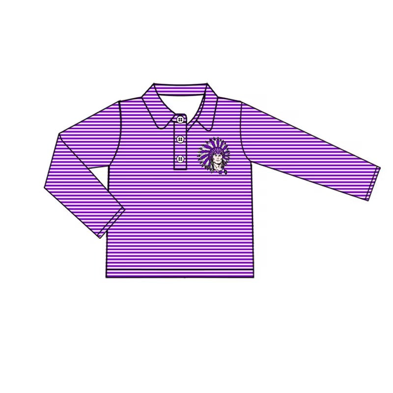 Custom moq 5 eat about 4-6 weeks Purple Striped Button Pullover Long Sleeve Top with Embroidered Men's Pattern