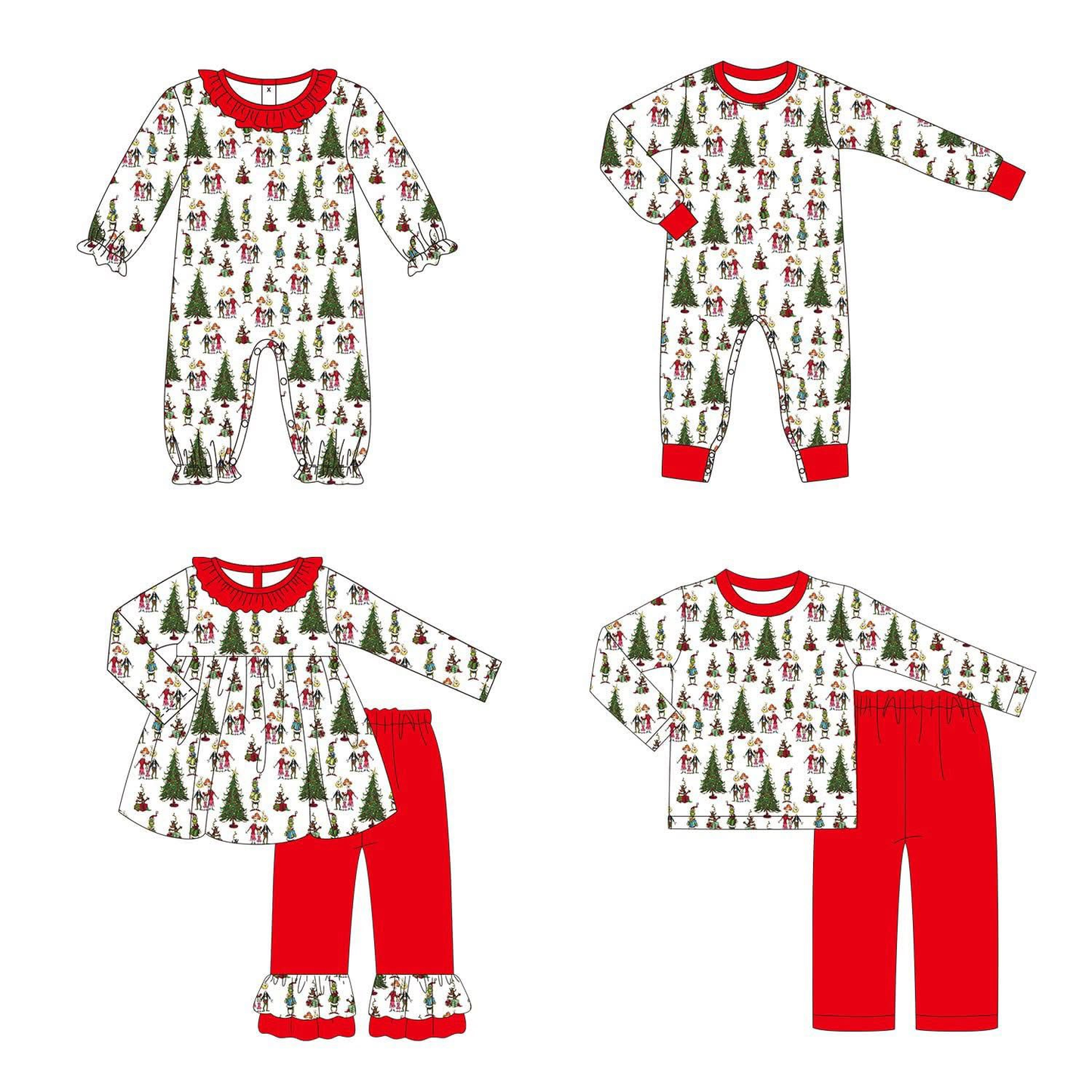 Custom moq 5 each style eta 6-7weeks baby girl clothes Christmas trees long sleeve pants 1 and pants sets 2 and romper 1 and romper 2