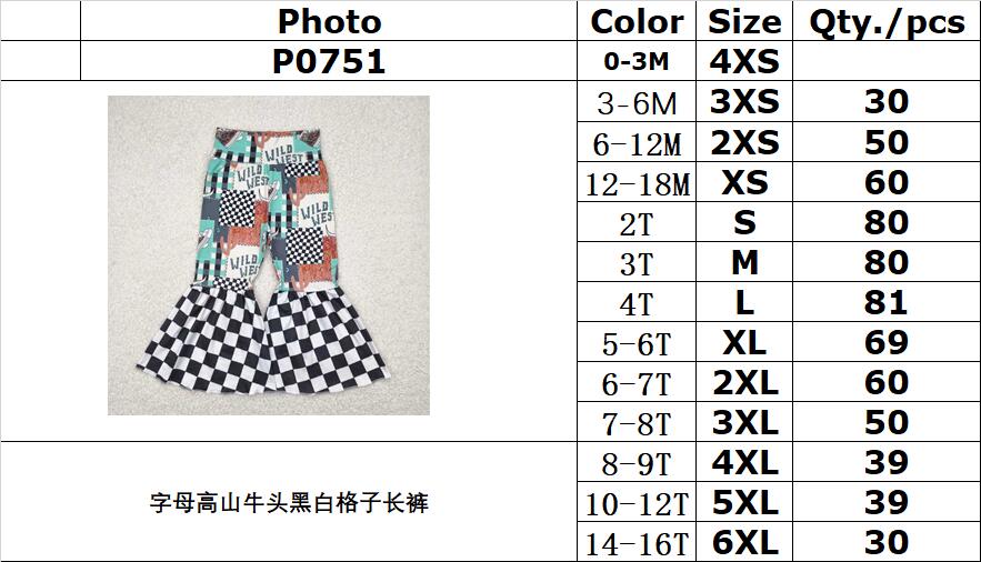 RTS NO MOQ P0751 Black and white plaid trousers with lettering and mountain bull head