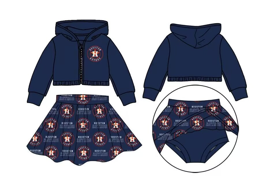 custom moq 3 eta 6-7weeks team summer baby girls clothes navy blue hooded with skirts sets