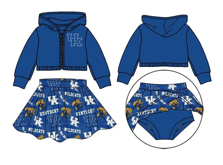 custom moq 3 eta 6-7weeks team summer baby girls clothes UK dark blue hooded with skirts sets