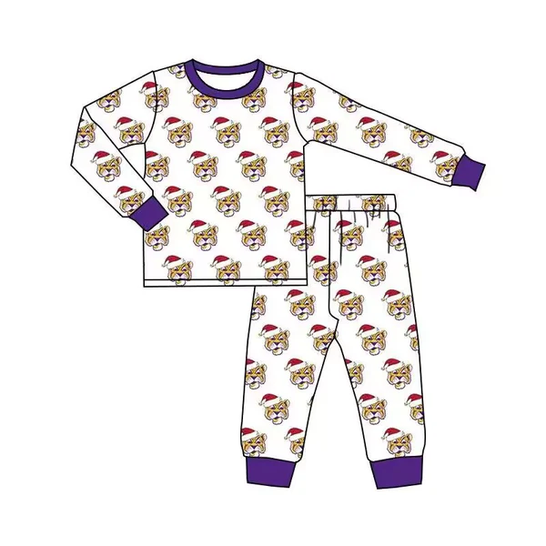 Deadline November 12 custom no moq eta 6-8weeks Tiger head wearing Santa hat, purple cuffs, white long sleeves and trousers suit