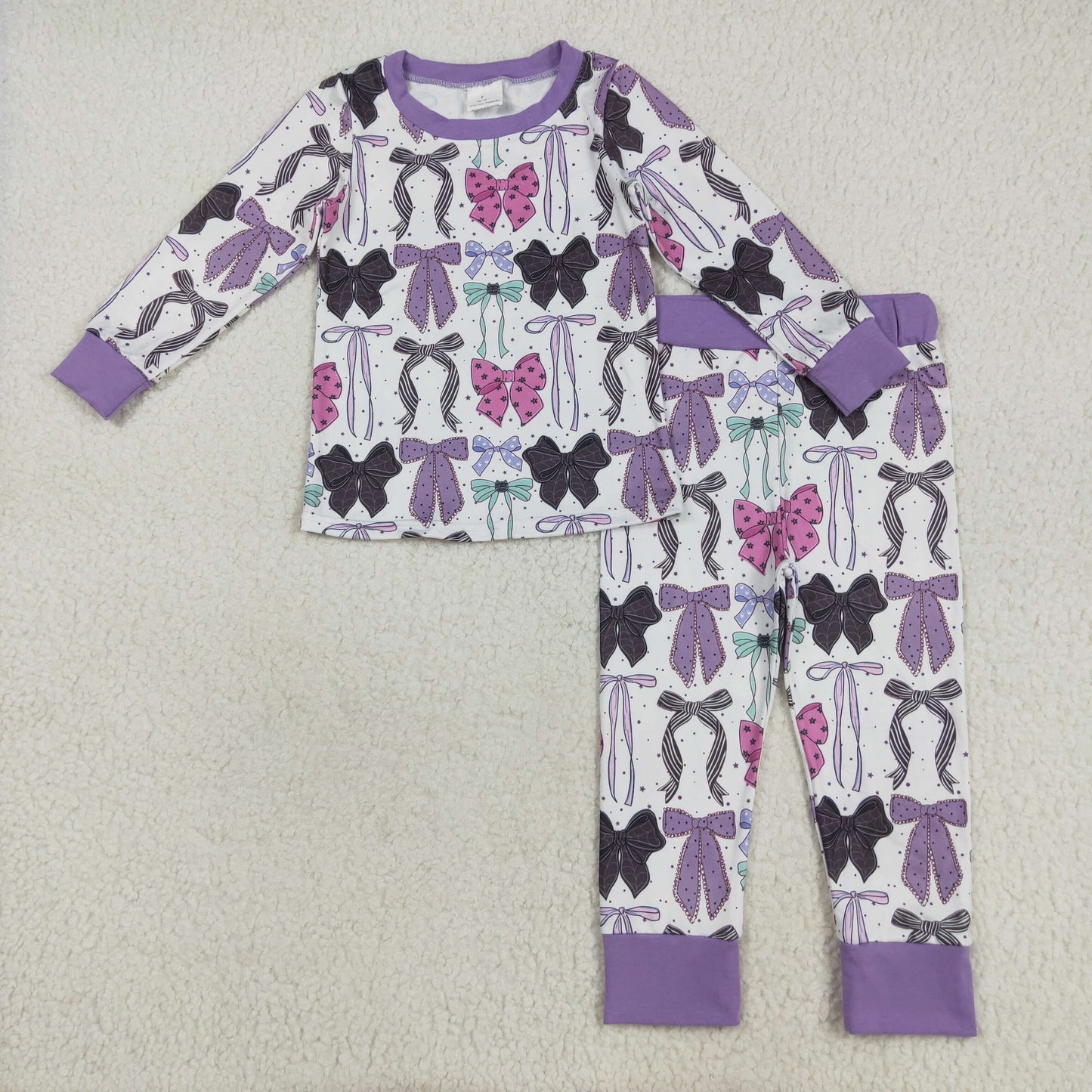 RTS NO MOQ(In Stock) GLP2533 Purple long-sleeved trousers pajama set with Halloween bow pattern