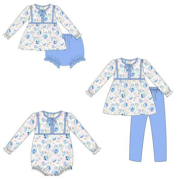 Custom moq 5 each style eta 6-7weeks baby gir clothes floral blue long sleeve pants and brief sets and romper