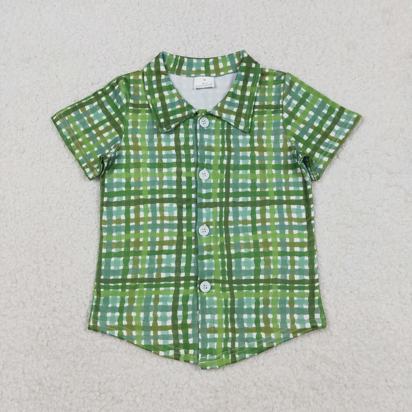 RTS NO MOQ(In Stock) St. Patrick's Day Green Check Button-Up Short-Sleeve Top