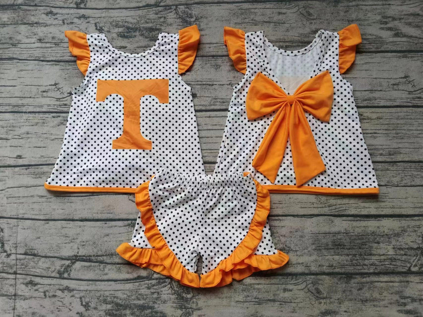 custom moq 3 eta 5weeks TT girls orange short sleeve shorts suit