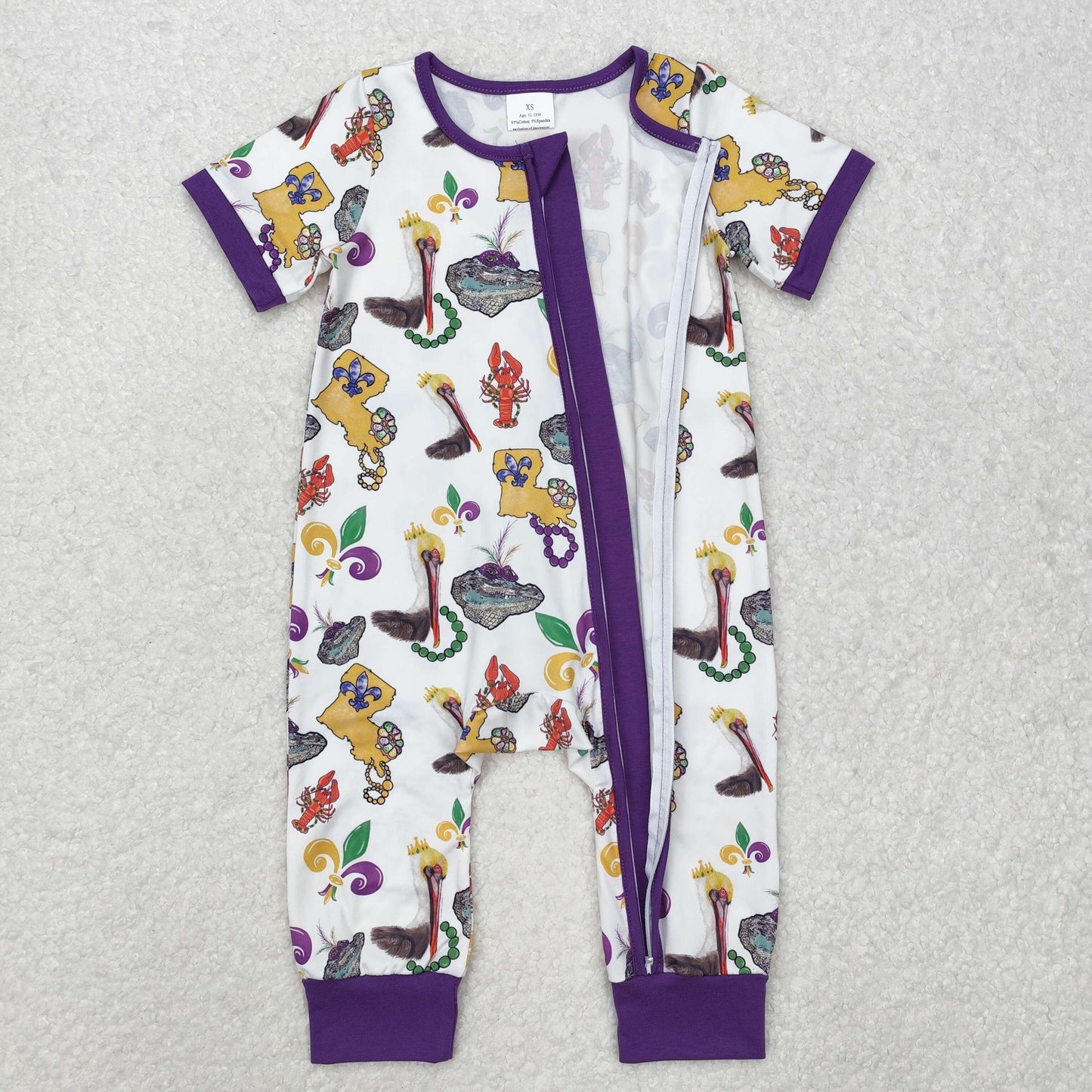 RTS NO MOQ(In Stock) SR2394 Carnival animal purple and white zipper short sleeve onesie