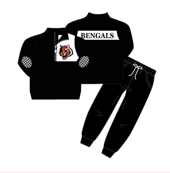 Deadline September 23 custom no moq eta 6-8weeks Yellow Sports Helmet Pattern Zippered Pullover Top - Black Drawstring Pants Set