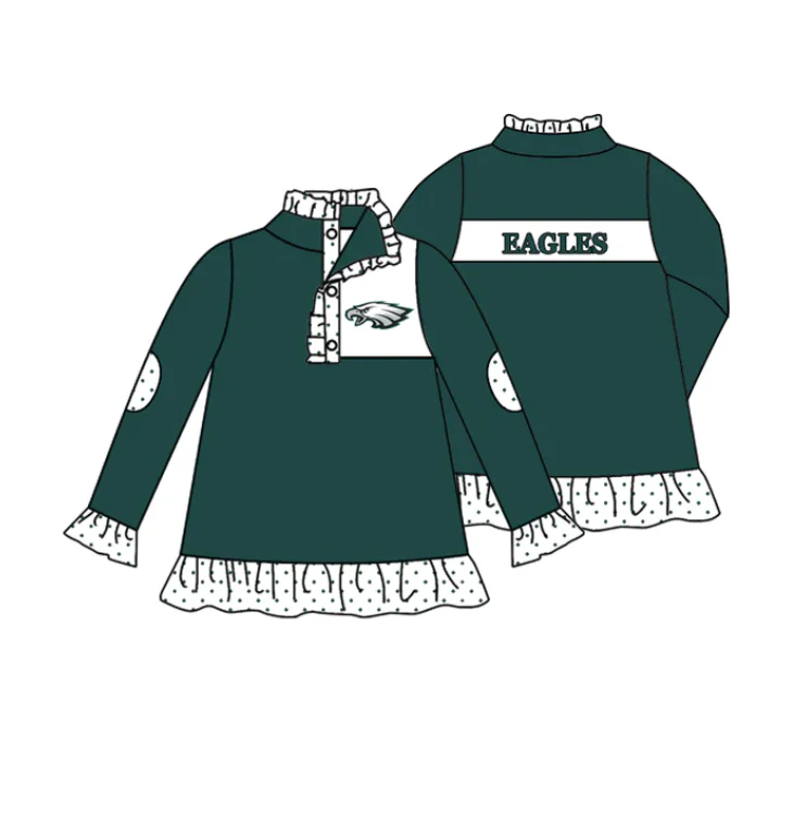 Deadline September 4 custom no moq eta 6-7weeks Green Character Button Girls Pleated Pullover Cotton