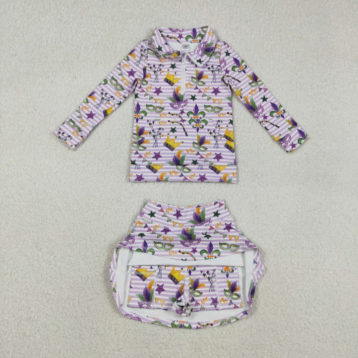 RTS NO MOQ(In Stock) GT1369+GLK0167 Carnival Mask Purple Striped Zipper Yoga Long-Sleeve Top Skirt set