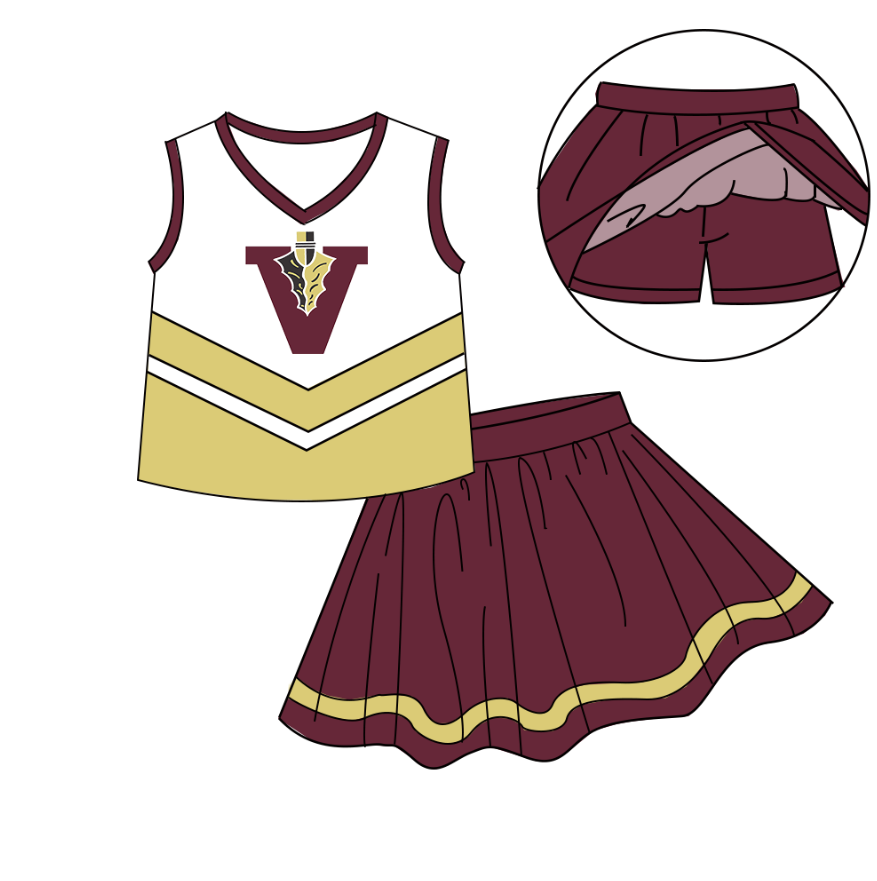 Custom moq 5 mix size milk silk eta 6-8weeks summer teams brick red baby girls clothes team sleeveless skirts shorts sets cheer sets Cute school series school cheer sets