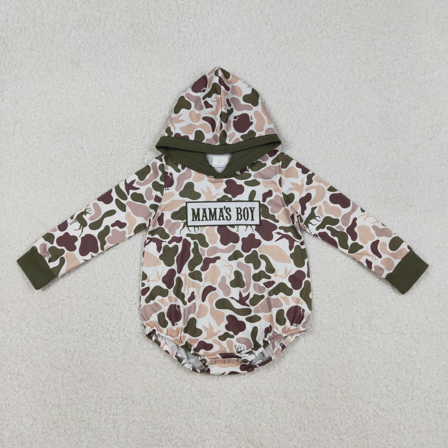RTS NO MOQ(In Stock) Embroidered Mama's Boy Duck and Puppy Camouflage Hooded Long-Sleeve Jumpsuit