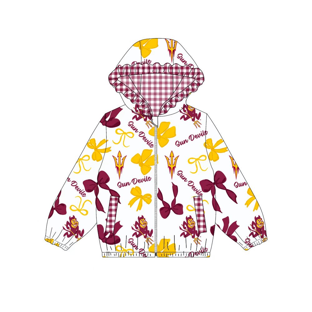 Custom moq 8 mix size milk silk summer team baby girls clothes bow brick red and yellow hooded long sleeve top-25.9.27