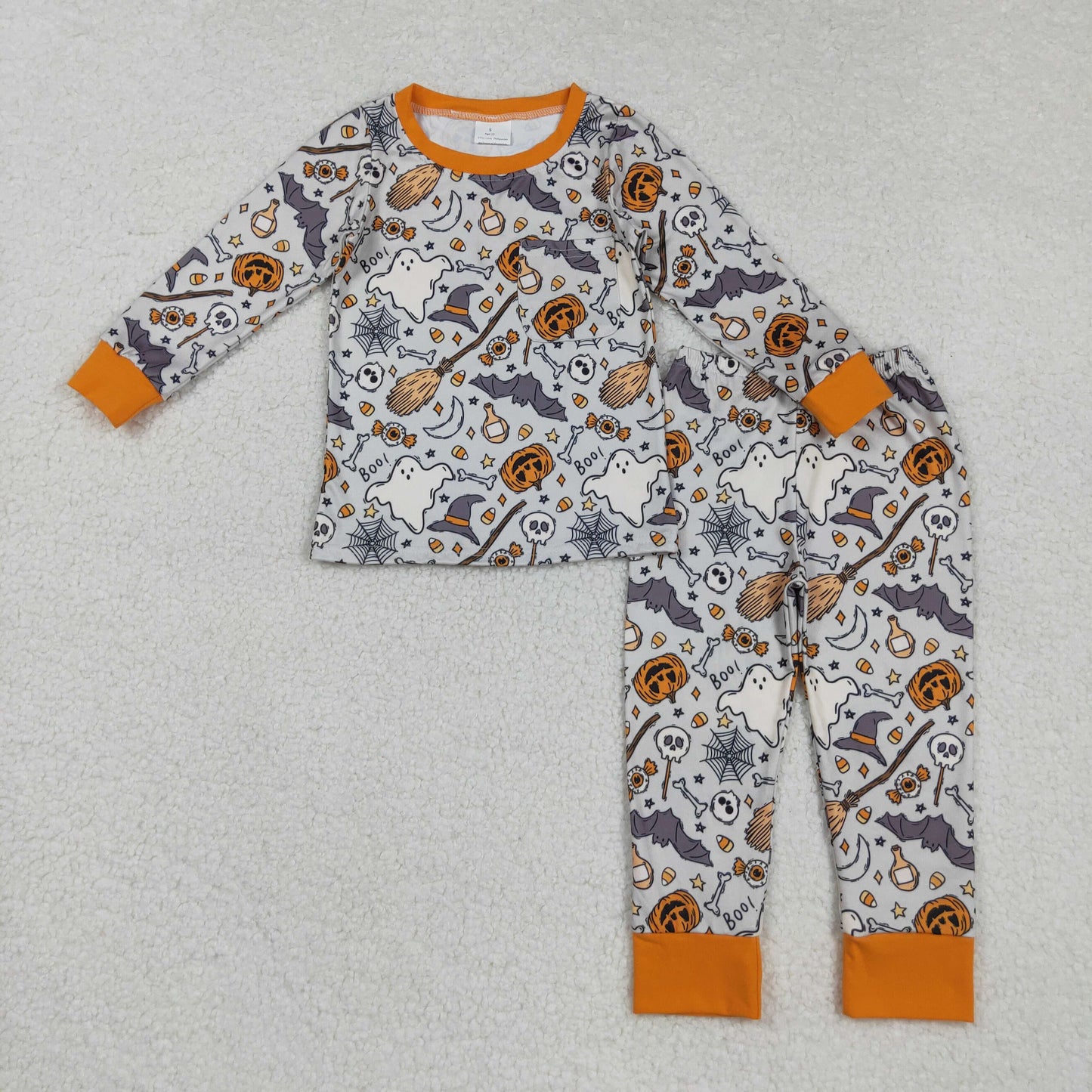 RTS NO MOQ(In Stock) BLP1147 Halloween pumpkin ghost bat broom long-sleeved trousers pajama set
