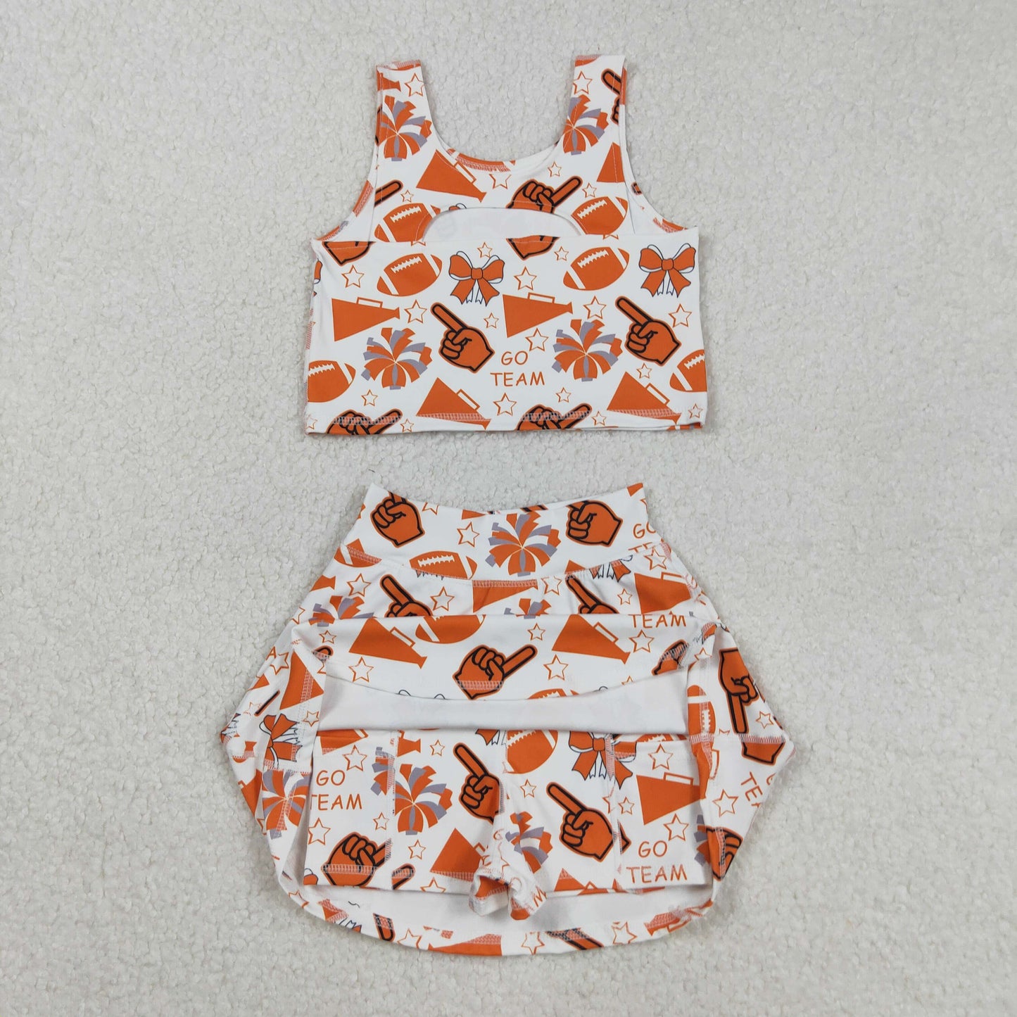 RTS NO MOQ(In Stock) GSD2695 GO Team Orange Hand Signal, Trumpet, Star, and Bow Pattern Sleeveless Yoga Skirt Set