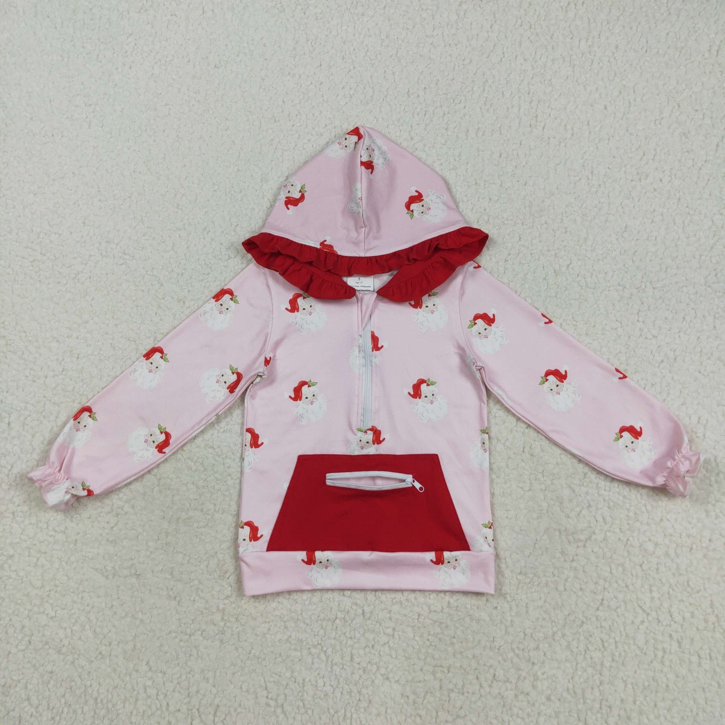 RTS NO MOQ(In Stock) GT1047 Santa Claus Red Pocket Pink Zippered Hooded Long-Sleeved Top