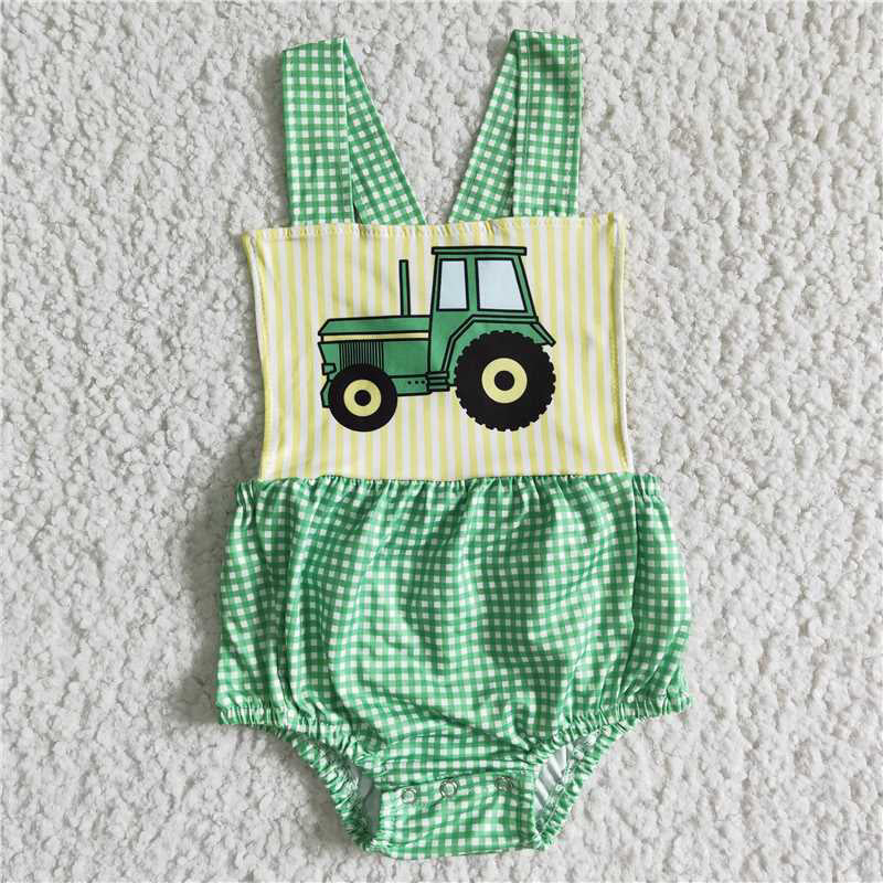 SALES NEW Baby boys tractor plaid print romper
