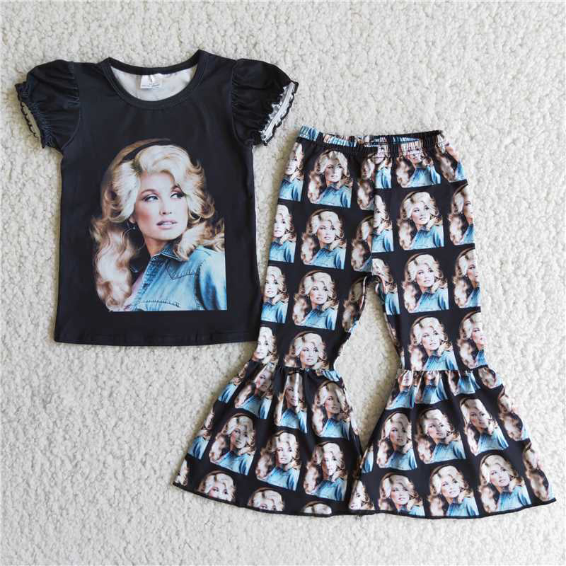 SALES NEW Baby Girls Black Short Sleeve Bell Bottoms Set Cute Outfit for Infants Baby Girl's Clothing Set