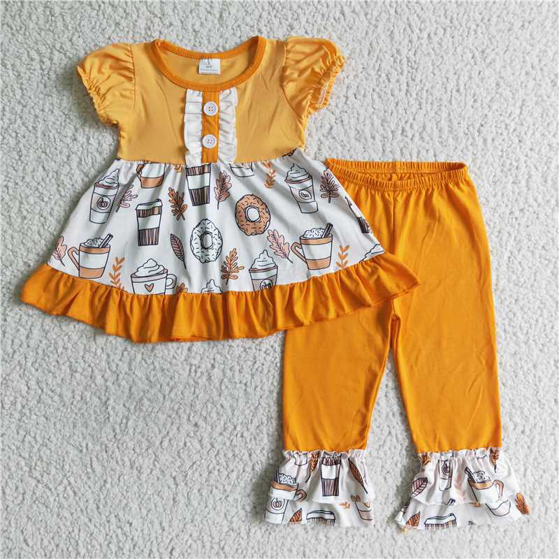SALES NEW Baby Girls Fall Pumpkin Coffee Short Sleeve Pants Outfit Set Cute Seasonal Clothing for Infants