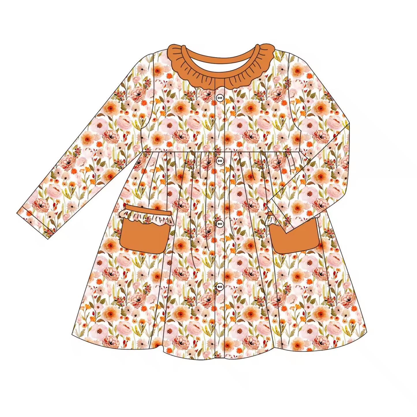 Custom moq 3 eta 6-8weeks Orange Rose Leaf Pleated Round Neck Pocket Long Sleeve Dress