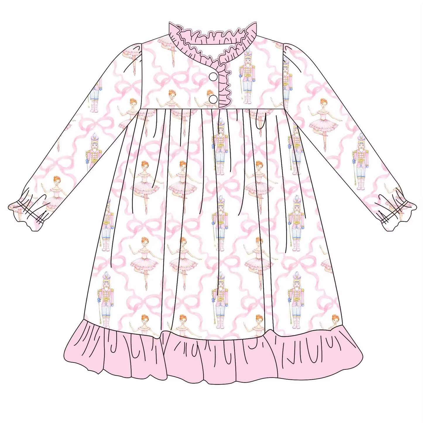 Custom moq 3 eta 6-8weeks Pink Bow Dance Girls Ruffle Button Neck-Skirt Long Sleeve Dress