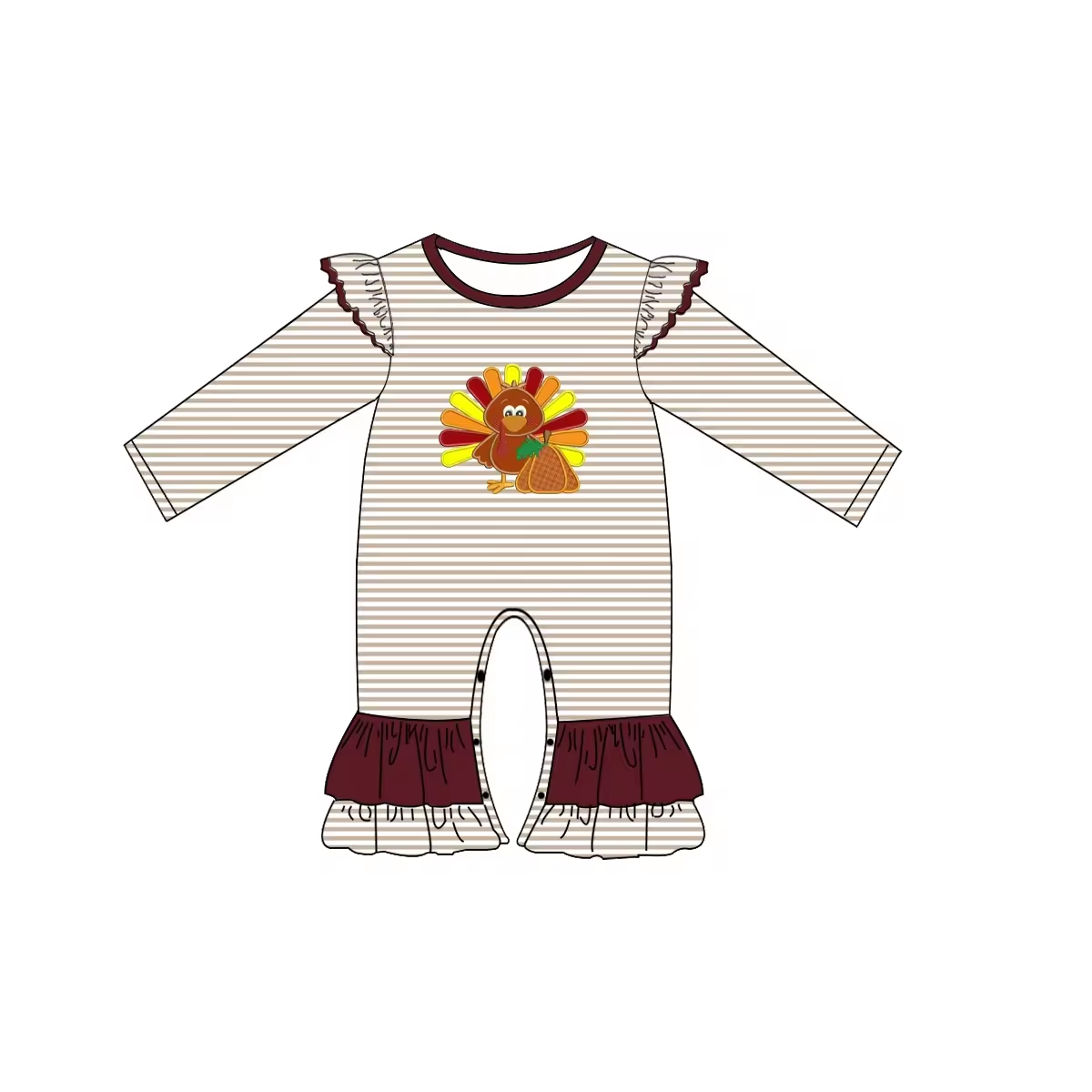 Custom moq 3 eta 6-8 weeks Embroidered turkey pumpkin flying sleeve shoulder design - brown striped long girls romper