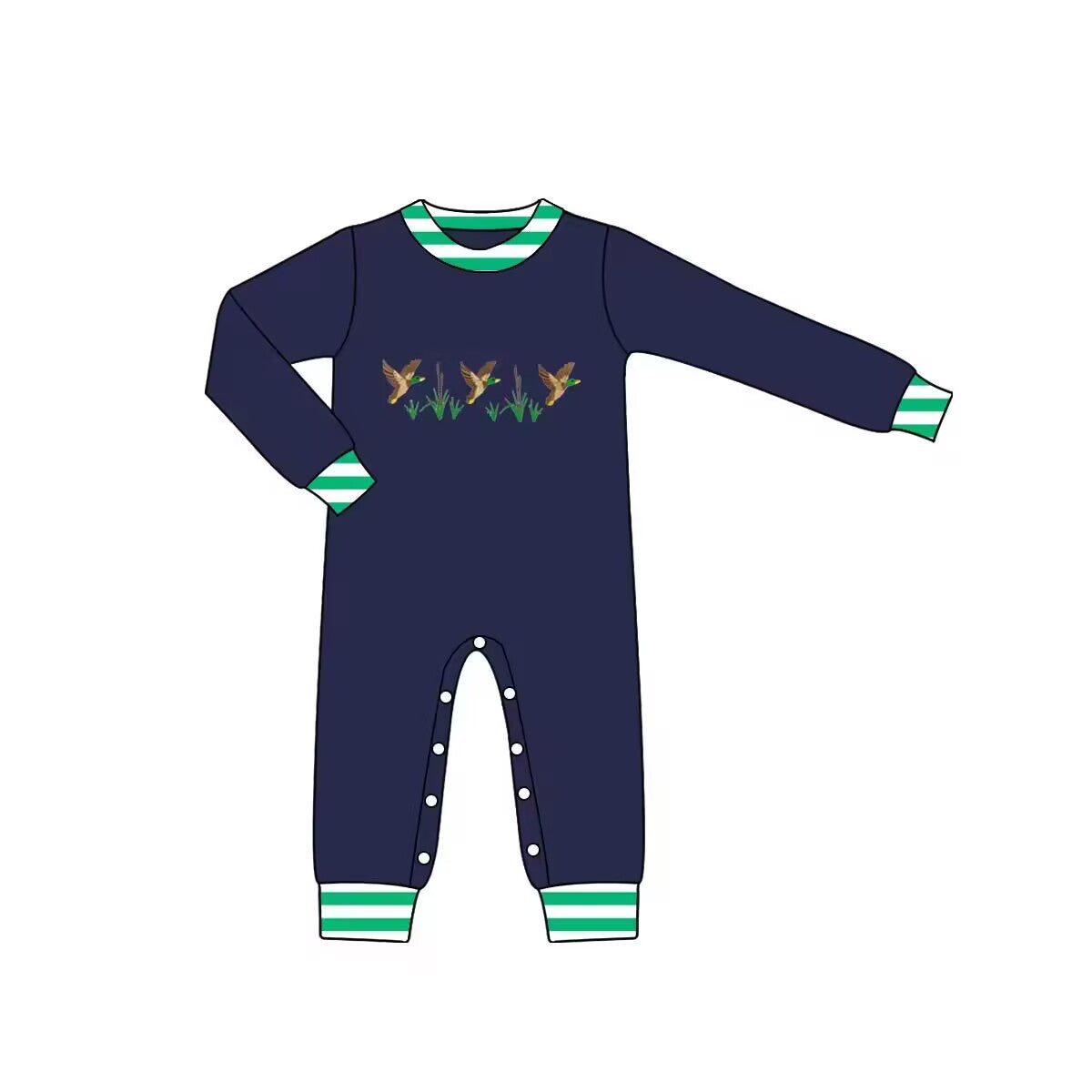 Custom moq 3 eta 6-8 weeks Navy blue embroidered flying duck long romper