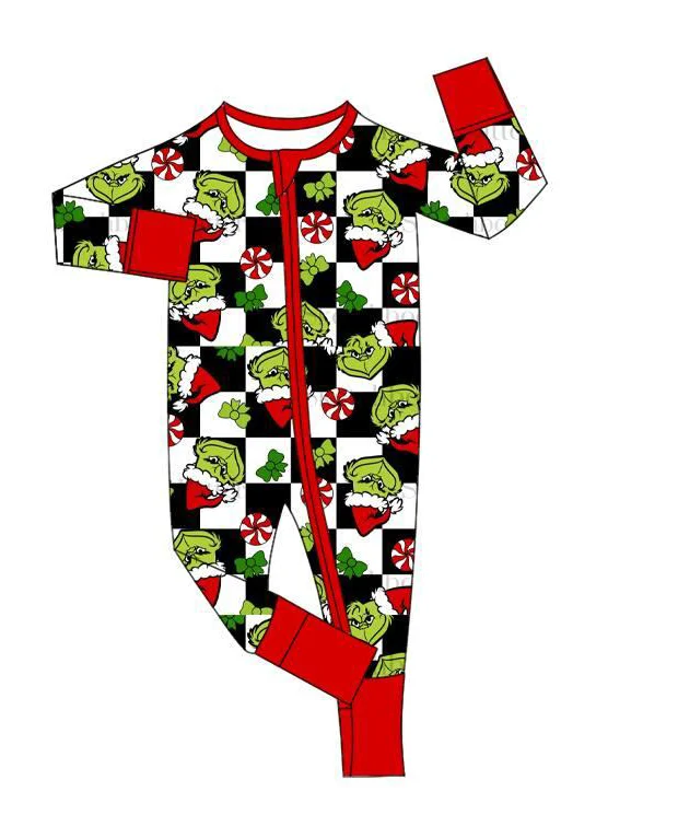 Custom moq 3 eta 6-8 weeks Christmas green monster black and white plaid long zippered romper
