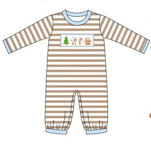 Custom moq 3 eta 6-8 weeks Brown striped long romper with embroidered Christmas elements