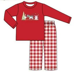 Custom moq 3 eta 6-8weeks Embroidered Animals and Trees Red Long Sleeve Top-Plaid Straight Pants Set