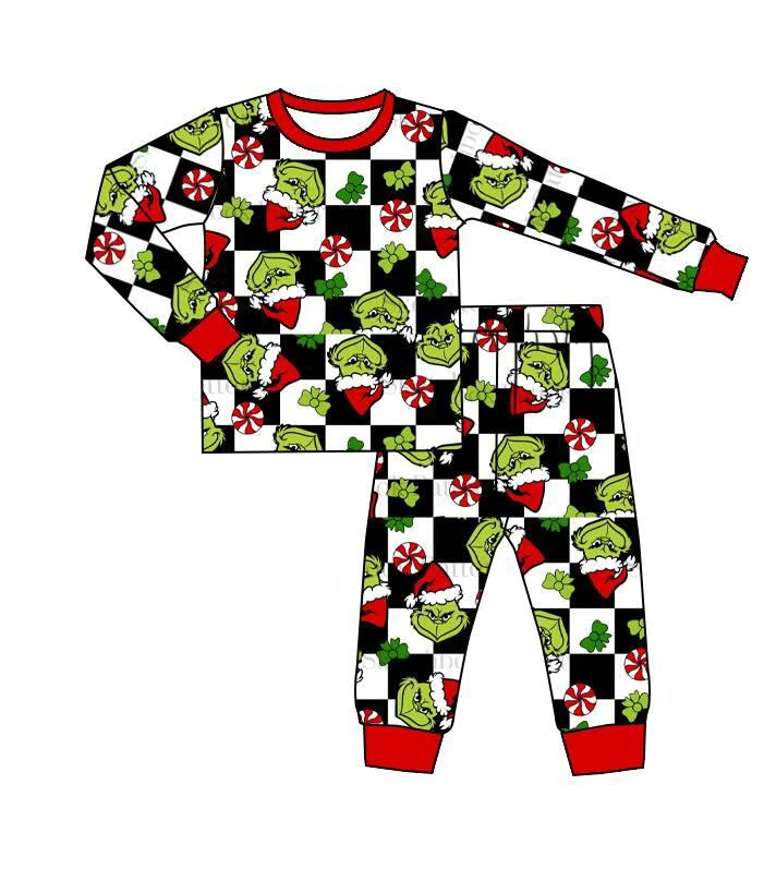 Custom moq 3 eta 6-8weeks Christmas green monster black and white plaid long sleeve suit