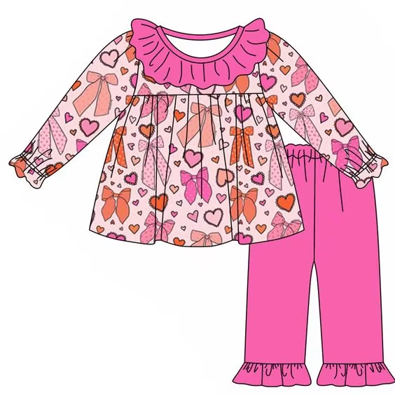 Custom moq 3 eta 7/8week moq 5 eta /4/5week Polka dot bow-heart pattern rose pink pleated collar lotus pink long-sleeved top & rose pink trousers set