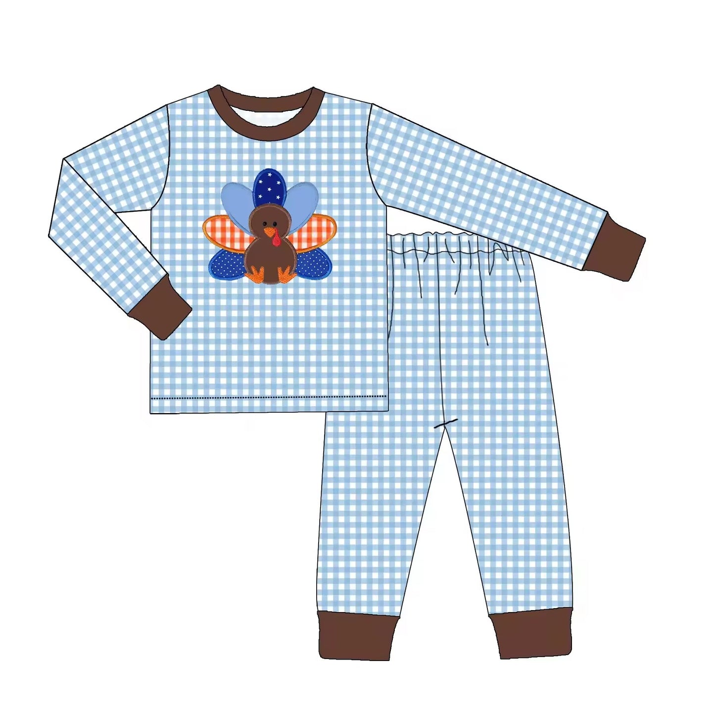 Custom moq 3 eta 6-8weeks Embroidered Turkey Brown Elastic Cuffs - Blue Plaid Long Sleeve Suit