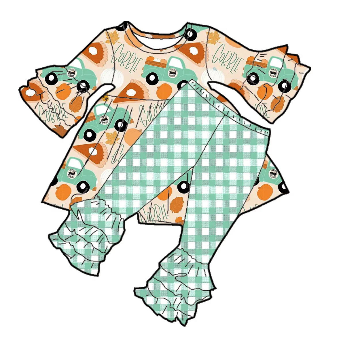 Custom moq 3 eta 6-8weeks Pickup Truck-Pizza Ruffle 3/4 Sleeve Top-Green Plaid Trousers Set